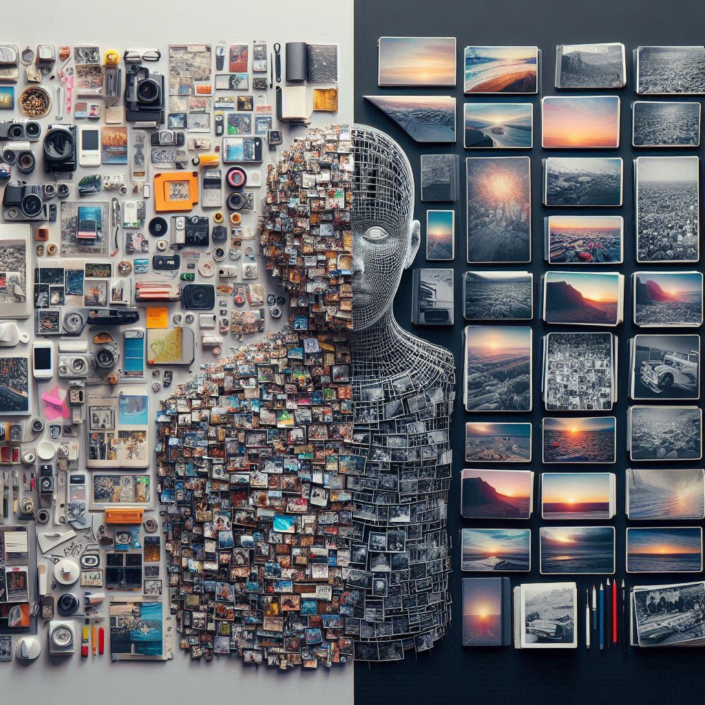 "Split-screen image: on one side, a chaotic collection of unsorted photos; on the other, carefully organized photo albums labeled by AI-generated categories"